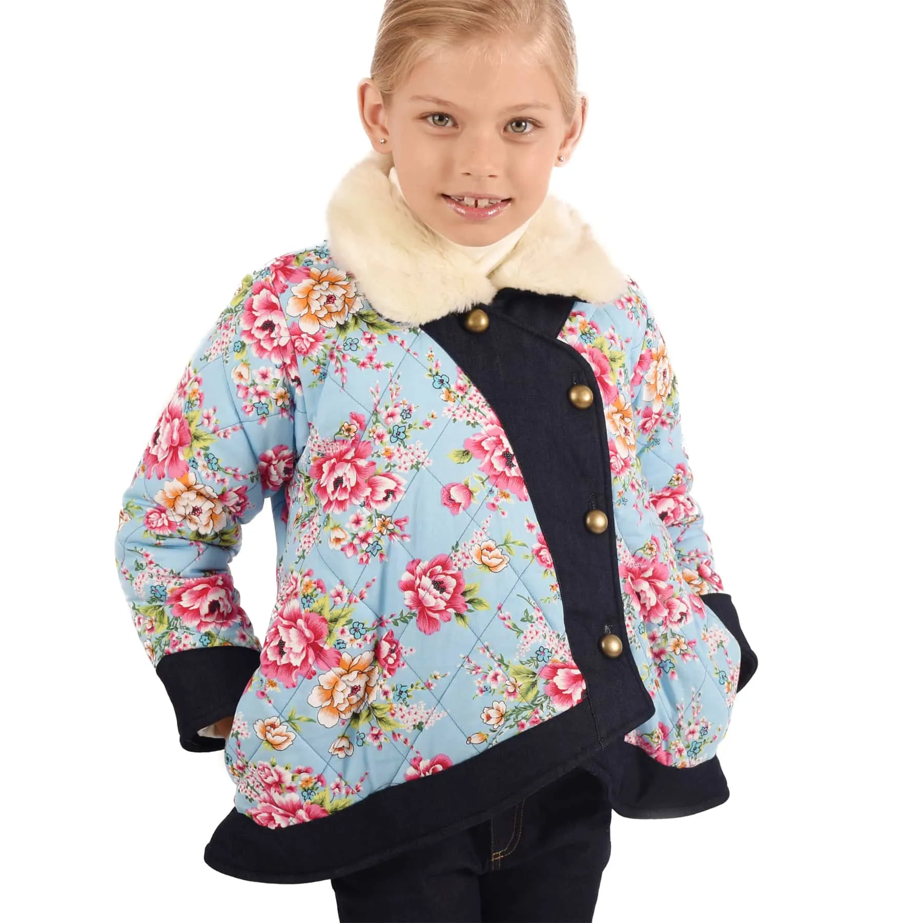 Girl’s kimono coat | turquoise blue flowered | CAPUCINE
